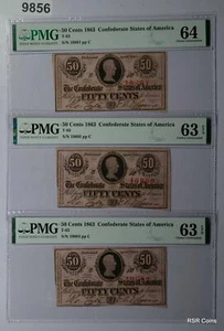 1863 CONFEDERATE STATES OF AMERICA 50 CENTS PMG CERTIFIED 10 CONSEC NOTES! #9856 - Picture 1 of 8