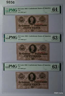 1863 CONFEDERATE STATES OF AMERICA 50 CENTS PMG CERTIFIED 10 CONSEC NOTES! #9856 - Image 1 of 4