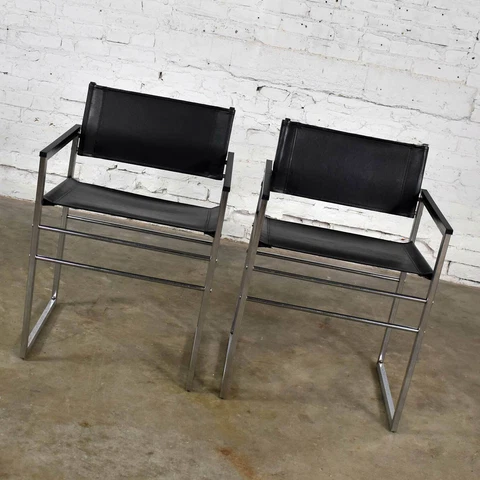Chrome & Black Vinyl Faux Leather Sling Director’s Chairs Straight Legs, a Pair Cover