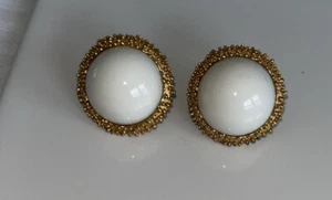 Trifari Earrings Large White Dome Cabochon Stone Gold Tone Hob Knob Setting** - Picture 1 of 4