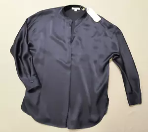 NWT $320 Vince 100% Silk Satin Band-Collar Blouse Size S Dark Blue Long Sleeve - Picture 1 of 20