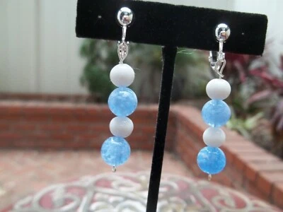 Gorgeous Blue/White Round & White Round Beaded Dangling Clip On Earrings - Image 1 of 4
