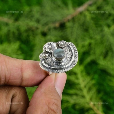 Anillo ajustable flor solitario labradorita natural plata 925 para mujer Foto 1 de 3
