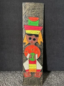 Vintage Colorful Big Eyed Girl Embossed Oil Painting Mexico Retro Neon 24” X 6” - Picture 1 of 14