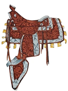 Western Designer Cowboy Horse Tooled Saddle Iron On Patch 7 " New - Picture 1 of 5