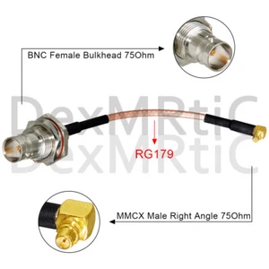 BNC Female Nut to MMCX Male Right Angle RG179 Pigtail Cable 75Ohm 15cm NEW - Picture 1 of 6