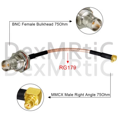 BNC Female Nut to MMCX Male Right Angle RG179 Pigtail Cable 75Ohm 15cm NEW - Image 1 of 4