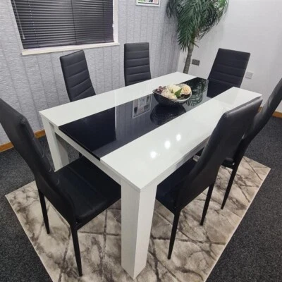 6 Seater Dining Table Set White Black Chairs Modern Kitchen Room MDF 140cm - Image 1 of 4