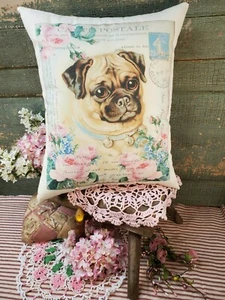 SHABBY VICTORIAN ANTIQUE VINTAGE STYLE VALENTINE PUG DOG FRENCH MAIL POST PILLOW - Picture 1 of 5