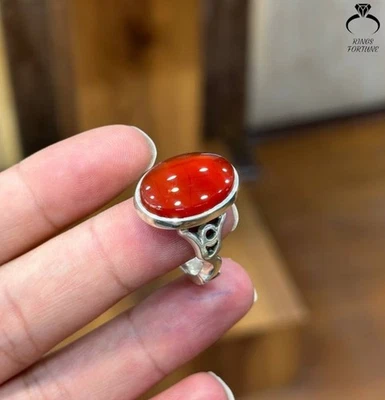 Natural Red Yemeni Aqeeq Ring 925 Sterling Silver Handmade Men’s Jewelry - Image 1 of 3
