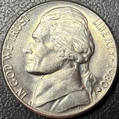 1980-D Jefferson Nickel • BU+ Brilliant Uncirculated • Denver Mint • 5C Semi-Key - Image 1 of 2