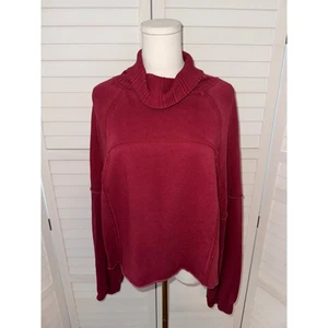Aerie Cropped Raw Hem Funnel Neck Sweatshirt Burgundy Pullover Top Size Medium - Picture 1 of 7