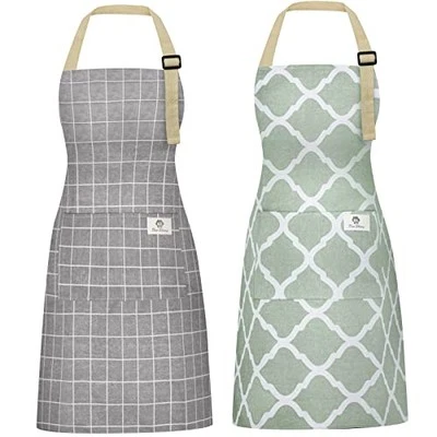 2 Pieces Aprons for Women with Pockets, Cotton Linen Waterproof Grey/Green - Image 1 of 4