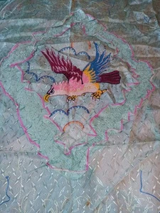 40s-50s SATIN Japanese embroidered Bird bed Coverlet And Shams Wounded Bird Read - Picture 1 of 23