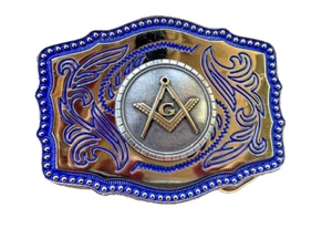 Símbolos Masónicos Hebilla de Cinturón Estilo Occidental Azul y Dorado (W167) - Imagen 1 de 4