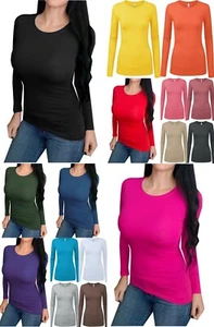 Women's Round Crew Neck Long Sleeve Solid Basic Fitted Plain Slim Tee Shirt Top - Picture 1 of 24