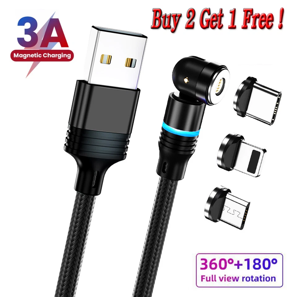 3 in 1 Magnetic 3A Fast Charging Charger Cord Cable For iPhone Type C Micro USB - Image 1 of 4