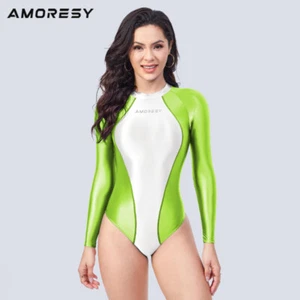 AMORESY Women Satin Glossy Swimwear Long Sleeve Zipper Tights Patchwork Leotards - Picture 1 of 22