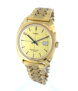 Vintage Timex Automatic Gold-Plated S. Steel Watch Men’s Cushion 34mm Date Gold - Picture 1 of 8