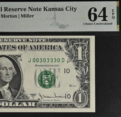 1977A $1 Federal Reserve Note PMG 64EPQ- Fancy Serial Number 00303330 - Image 1 of 3