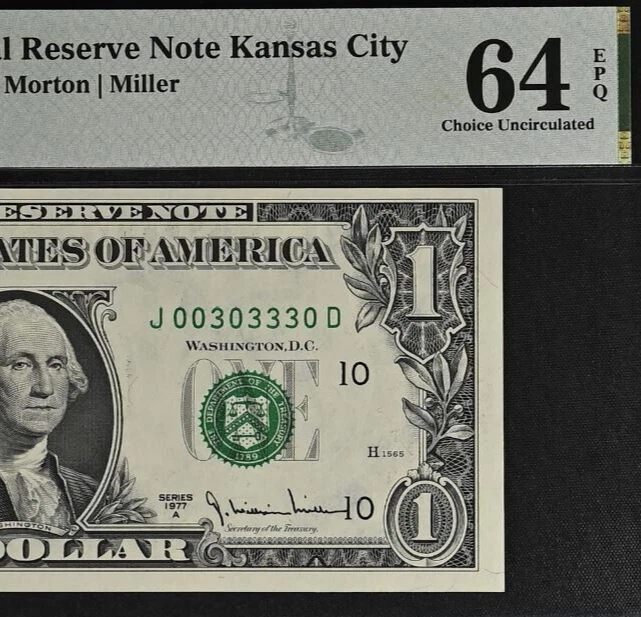 1977A $1 Federal Reserve Note PMG 64EPQ- Fancy Serial Number 00303330 - Image 1 of 3