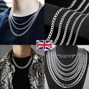 Mens Boys Curb Chain 16"-24" 2mm - 15mm Stainless Steel Silver Cuban Necklace UK - Picture 1 of 15