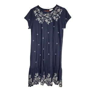 NEU J Jill Etuikleid M Blumen bestickt Jersey Strick Kurzarm dunkelblau - Bild 1 von 5