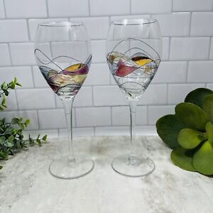 2 Vintage La Fleur Milano Romanian Hand Blown Mosaic Crystal Wine Glasses 9.5”