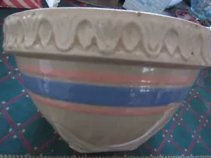 VINTAGE McCOY YELLOWWARE MIXING BOWL WITH PINK & BLUE STRIPES - PIE CRUSTED EDGE - Picture 1 of 11