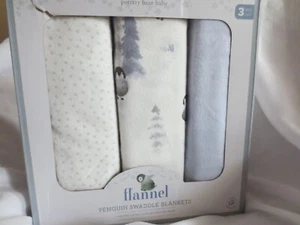 Pottery Barn Kids PENGUIN Flannel Swaddle Blanket Nursery Baby  Gift NIB see pic - Picture 1 of 7