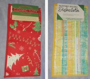 2 St Jo's 12" RED CHRISTMAS Yellow Aqua Microfiber CLEANING CLOTH Towel Reusable - Picture 1 of 5