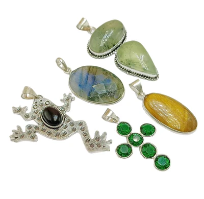 Lote de 5 colgantes de piedras preciosas prehnita y mezcla chapados en plata de ley 925 LOTE-TU72 Foto 1 de 4