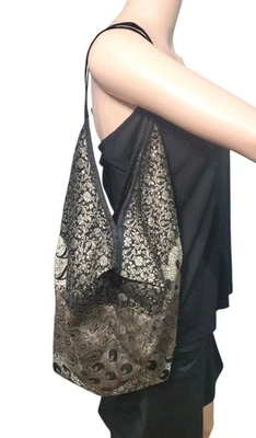 Hermoso Bolso Cartera Mercado Mundial Mezcla Seda Metálica Negro Plata Floral Paisley Foto 1 de 4