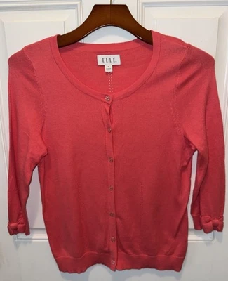 ELLE Womens Nylon Blend 3/4 Sleeve Button Up Salmon Pink Cardigan Sweater Medium - Image 1 of 4