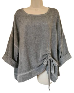 Italian Washed Linen Top Lagenlook Round neck dark grey Ruche tie One Size 10-16 - Picture 1 of 10
