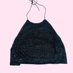 Topshop Ladies Uk 8 Black Sequin Crop Halter Top – Y2K Style Going Out Partycore - Picture 1 of 7