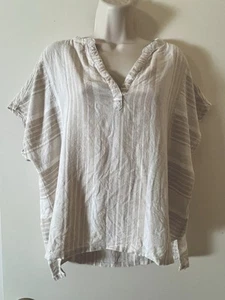 Sigrid Olsen Beige White Striped Linen Blend Cap Sleeve Top SZ L - Picture 1 of 11