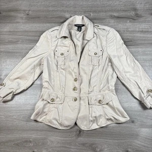 Giacca donna White House Black Market taglia 8 beige maniche arrotolate bottoni davanti - Foto 1 di 12