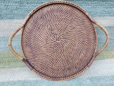 Pampered Chef Serving Tray Woven Selections Rattan Double Handle 17" Wood Bottom - Image 1 of 4