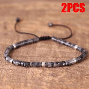 2PCS Labradorite Stone Dainty Bracelet Black Stone Braided Bracelet Handmade USA - Picture 1 of 3