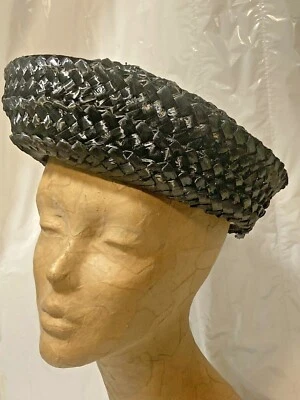 Original Vtg Ladies Black Straw Hat Caroline 1960's Mourning Funeral Church  - Image 1 of 4