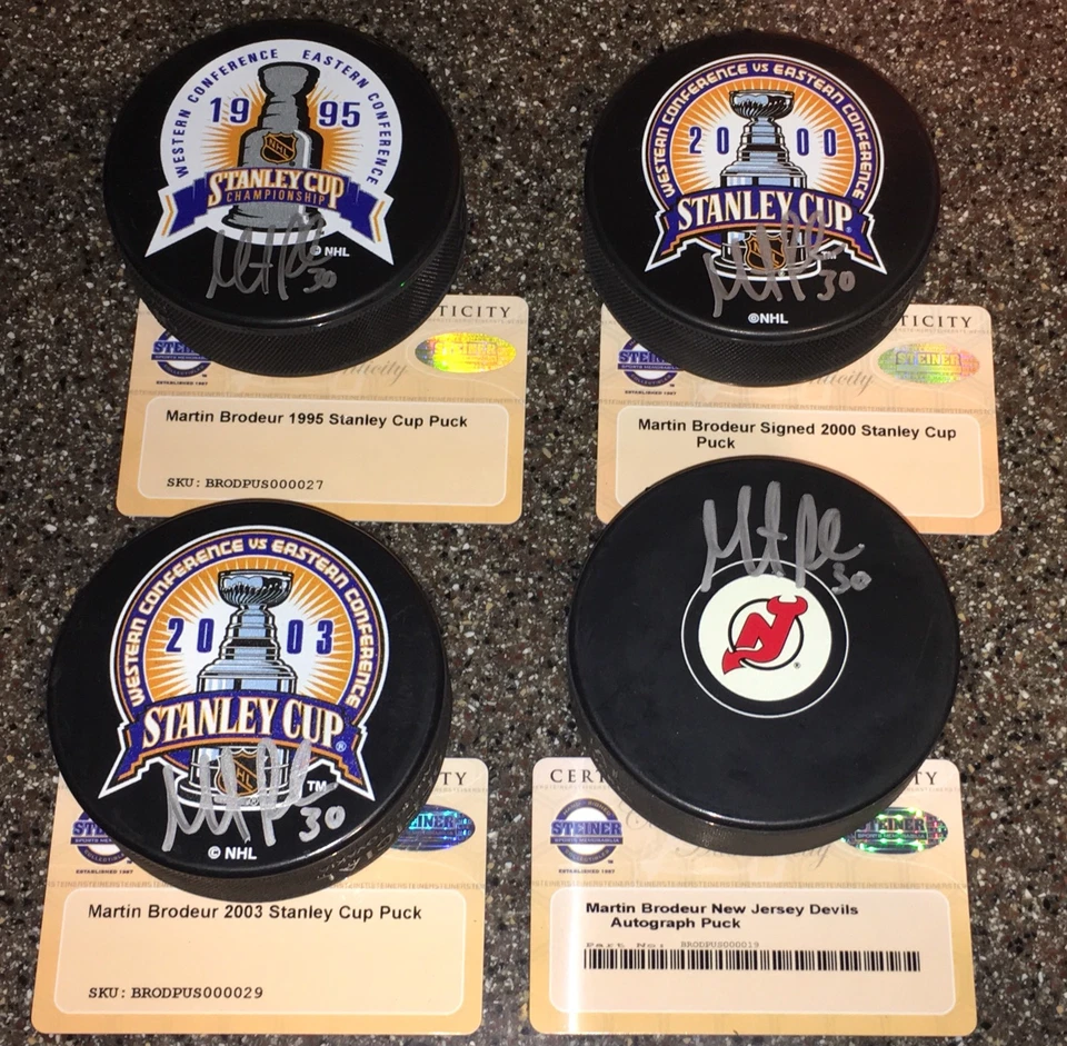 Martin Brodeur New Jersey Devils Steiner Signed (4) Puck Collection HOF 2018 - Image 1 of 1
