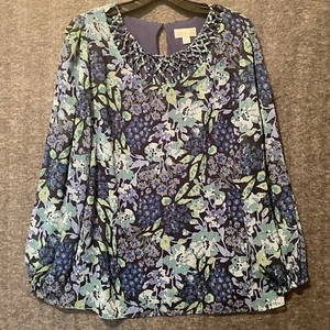 Belle by Kim Gravel Top Women Medium Blue Floral Cutout Neck Flowy Blouse Office - Picture 1 of 9