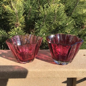 Cranberry Glass Pilgrim Glass Pair of Votive Candle Bowls Original Box Handmade - Picture 1 of 5