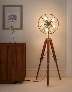 Lámpara de pie moderna luces con trípode de madera ventilador lámpara... - Imagen 1 de 4