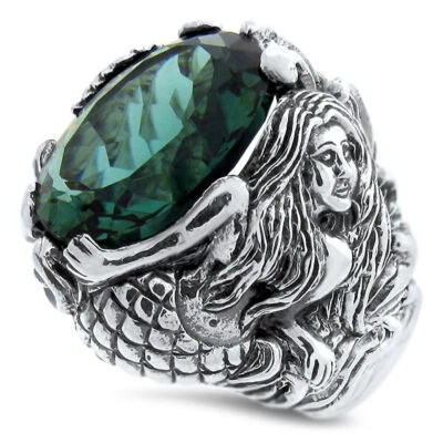 MERMAID RING 925 STERLING SILVER VICTORIAN STYLE SIMULATED EMERALD          #829 - Image 1 of 4