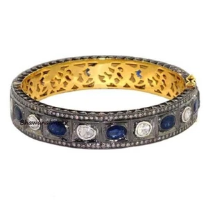 Natural Polki Diamond & Sapphire Bangle Sterling Silver Wedding Bracelet Jewelry - Picture 1 of 1