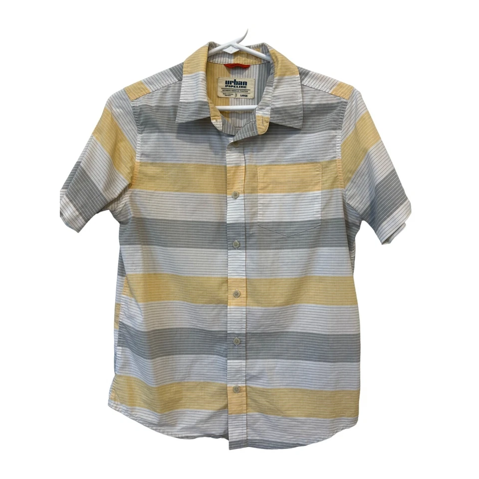 Camisa Urban Pipeline Rayas MaxFlex Abotonada Niños L Amarillo Blanco Gris Preppy Foto 1 de 4