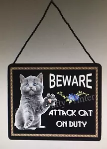 Wooden Humorous Wall Sign - BEWARE ... Attack Cat On Duty - Picture 1 of 1