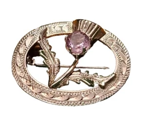 Vintage Art Deco Sterling Amethyst Etched Scottish Thistle Oval Pin Brooch  - Picture 1 of 20